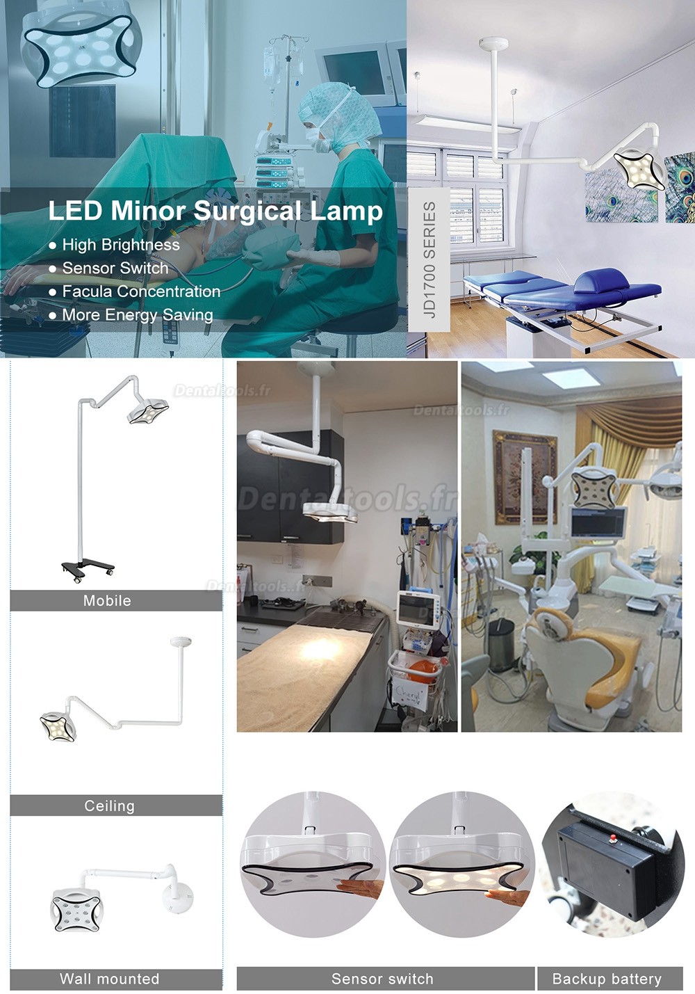 JD1700G Lampe chirurgicale murale sans ombre Led pour dentaire médicale vétérinaire